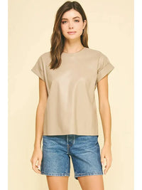 Sabrina Faux Leather Cap Sleeve Top- Taupe-Hand In Pocket