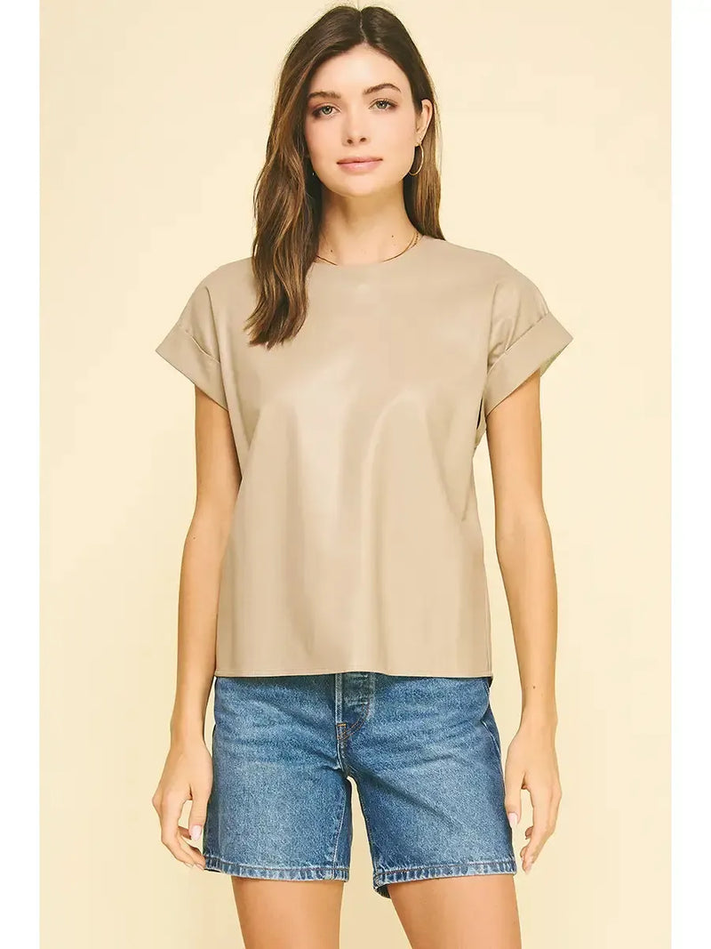 Sabrina Faux Leather Cap Sleeve Top- Taupe-Hand In Pocket