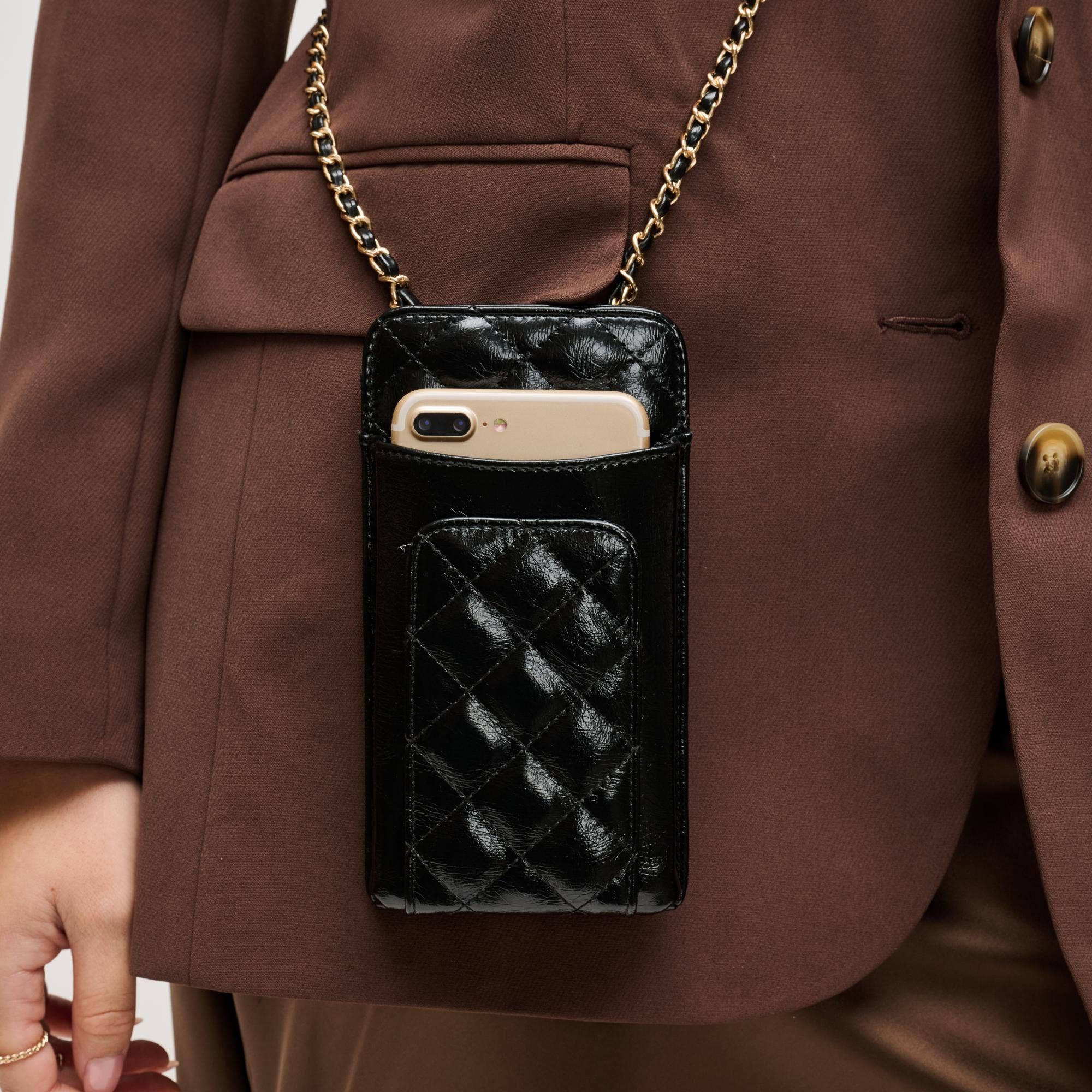 Brianna Cell Phone Crossbody - Polished Black-Hand In Pocket