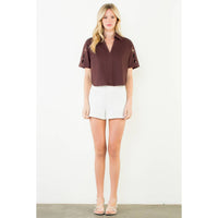 THML Talia V Neck Blouse - Brown-Hand In Pocket