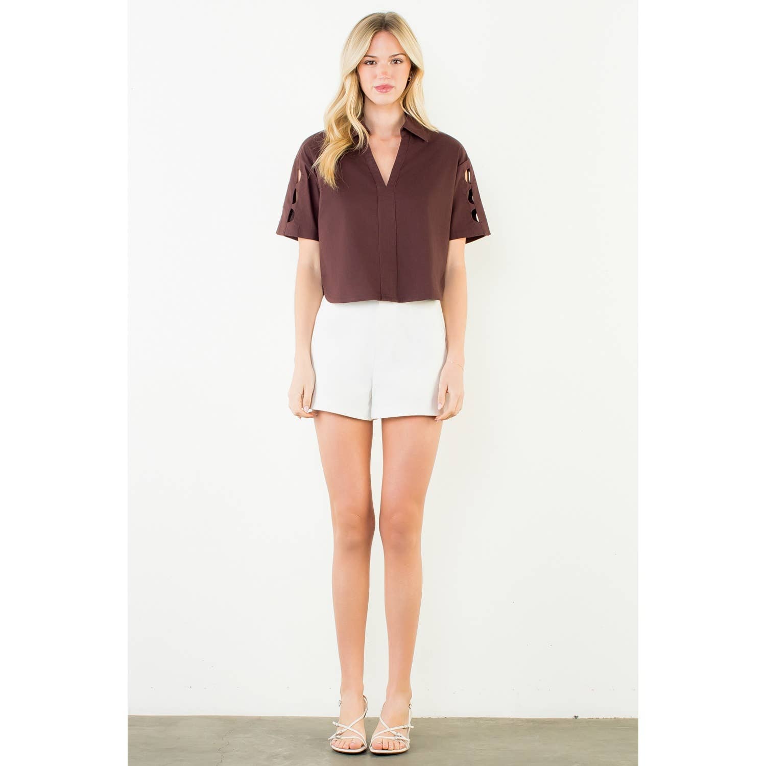 THML Talia V Neck Blouse - Brown-Hand In Pocket