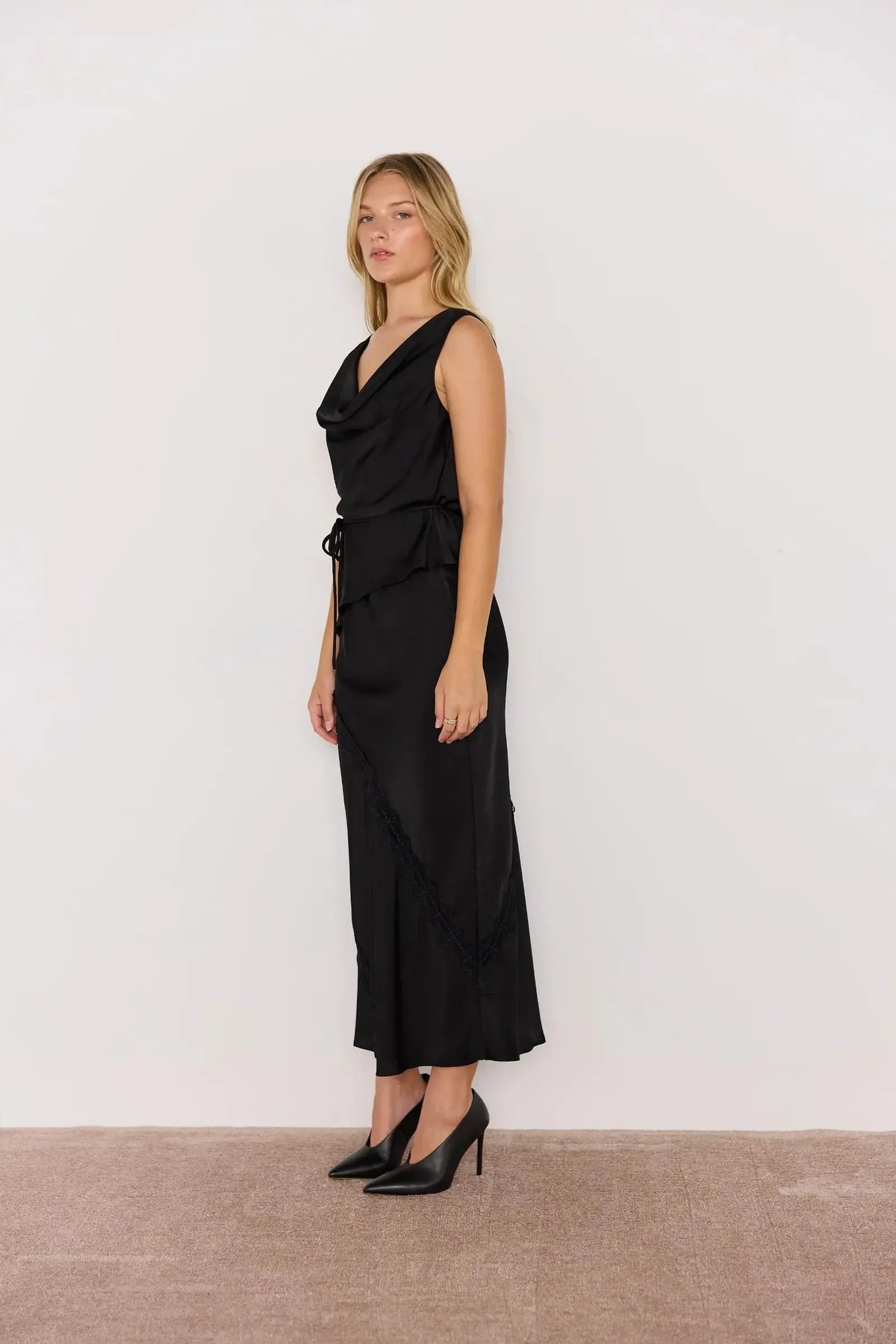 MINKPINK Momento Bias Skirt- Black-Hand In Pocket