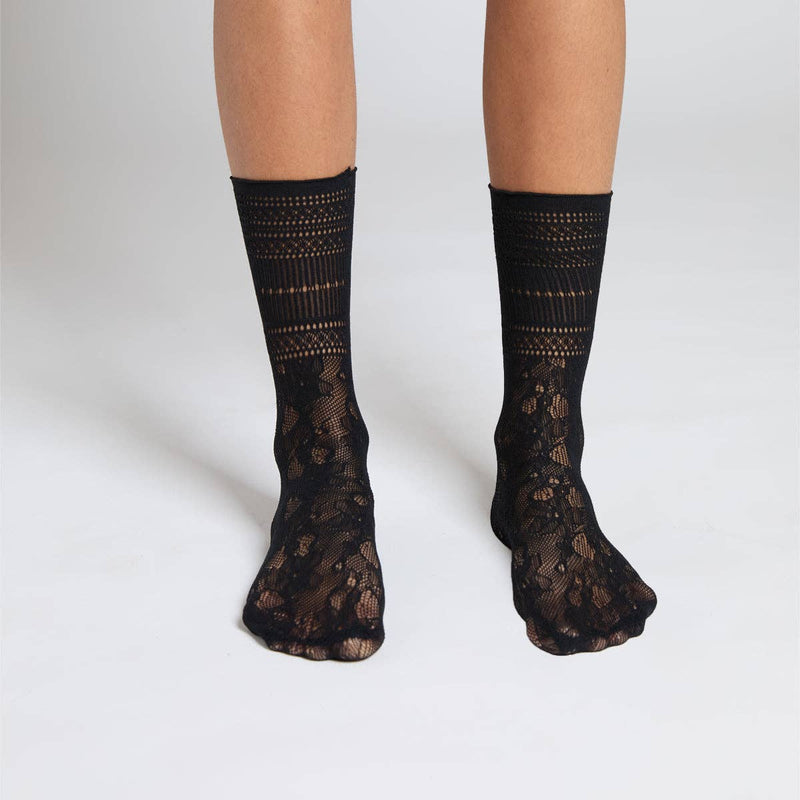 Peony Lace Crew Socks: Black / One Size-Hand In Pocket