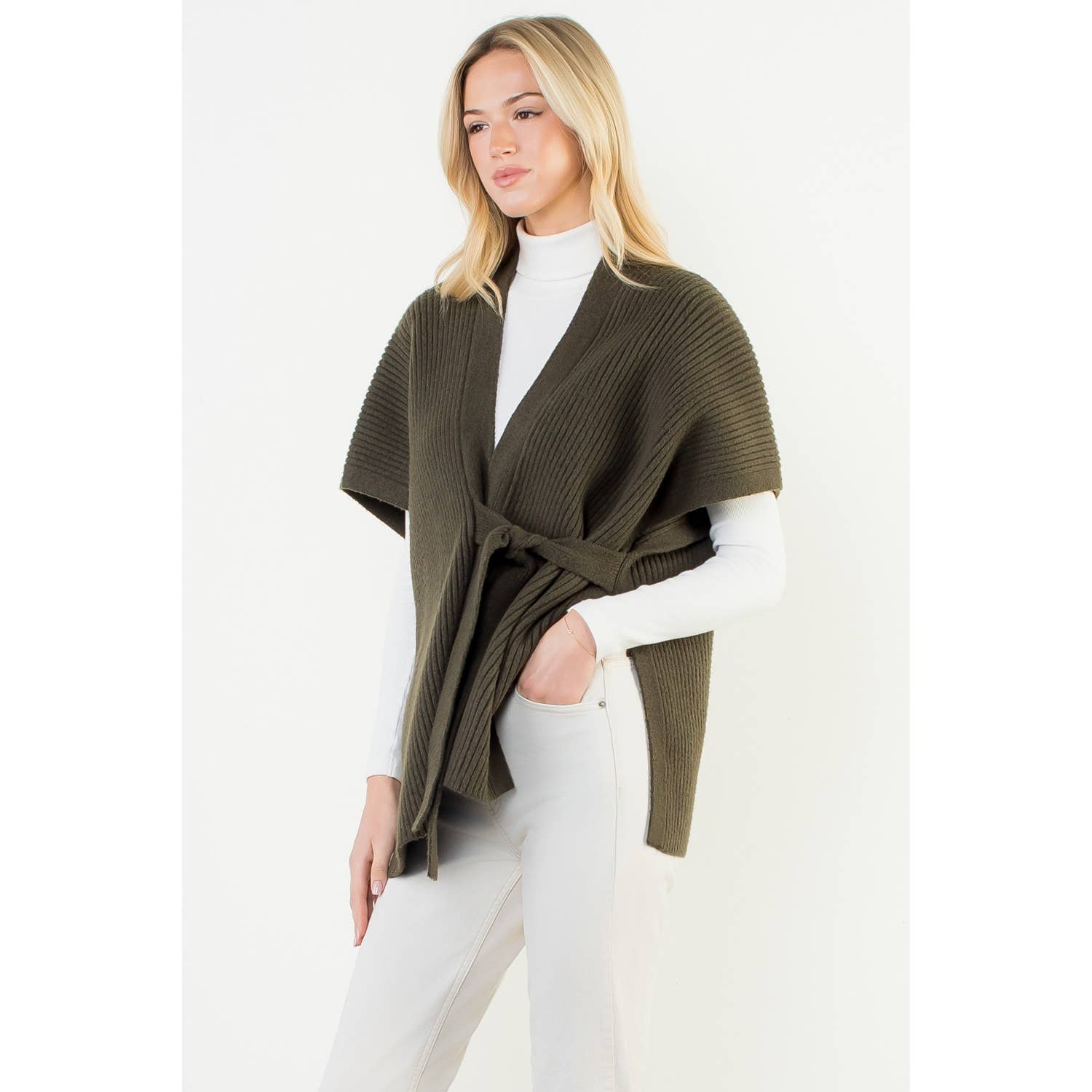 THML Casey Knitted Cardigan - Olive-Hand In Pocket