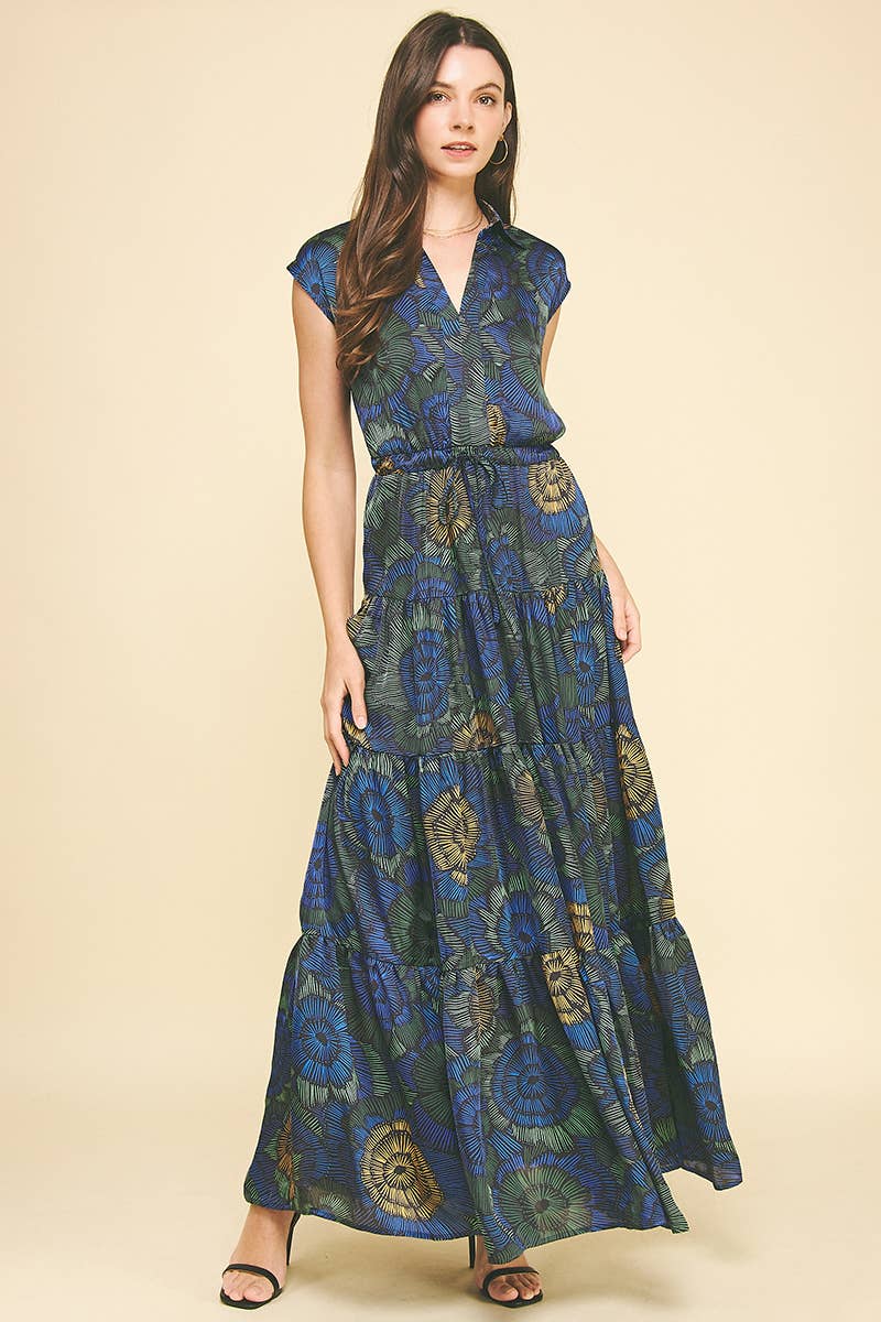 FLORAL TIERED MAXI DRESS - 5176DF: BLUE MULTI / S-Hand In Pocket