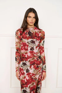 Minkpink Maxime Mesh Midi Dress - Red Blurry Floral