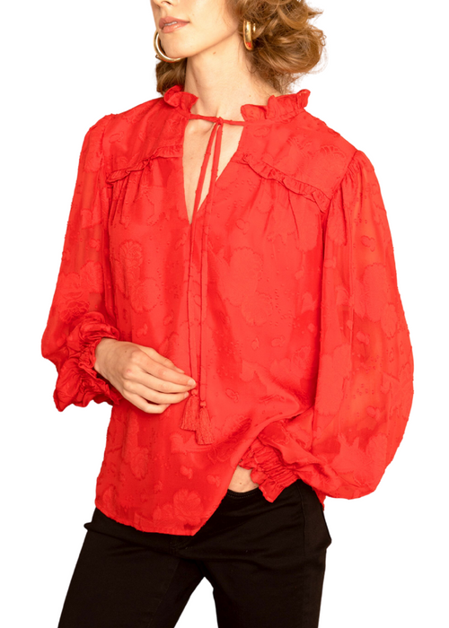 Carola Long Sleeve Jacquard Peasant Top - Fiery Red ***FINAL SALE***-Hand In Pocket