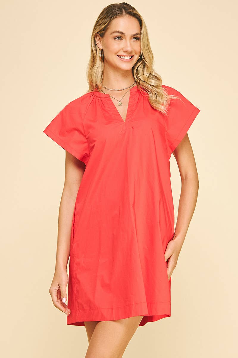 Saydee V Neck Mini Dress- Cherry Red-Hand In Pocket