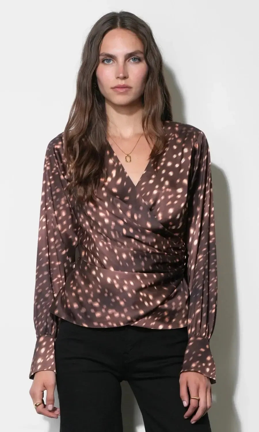 Greylin Uma Wrap Front Blouse Top - Brown Multi-Hand In Pocket