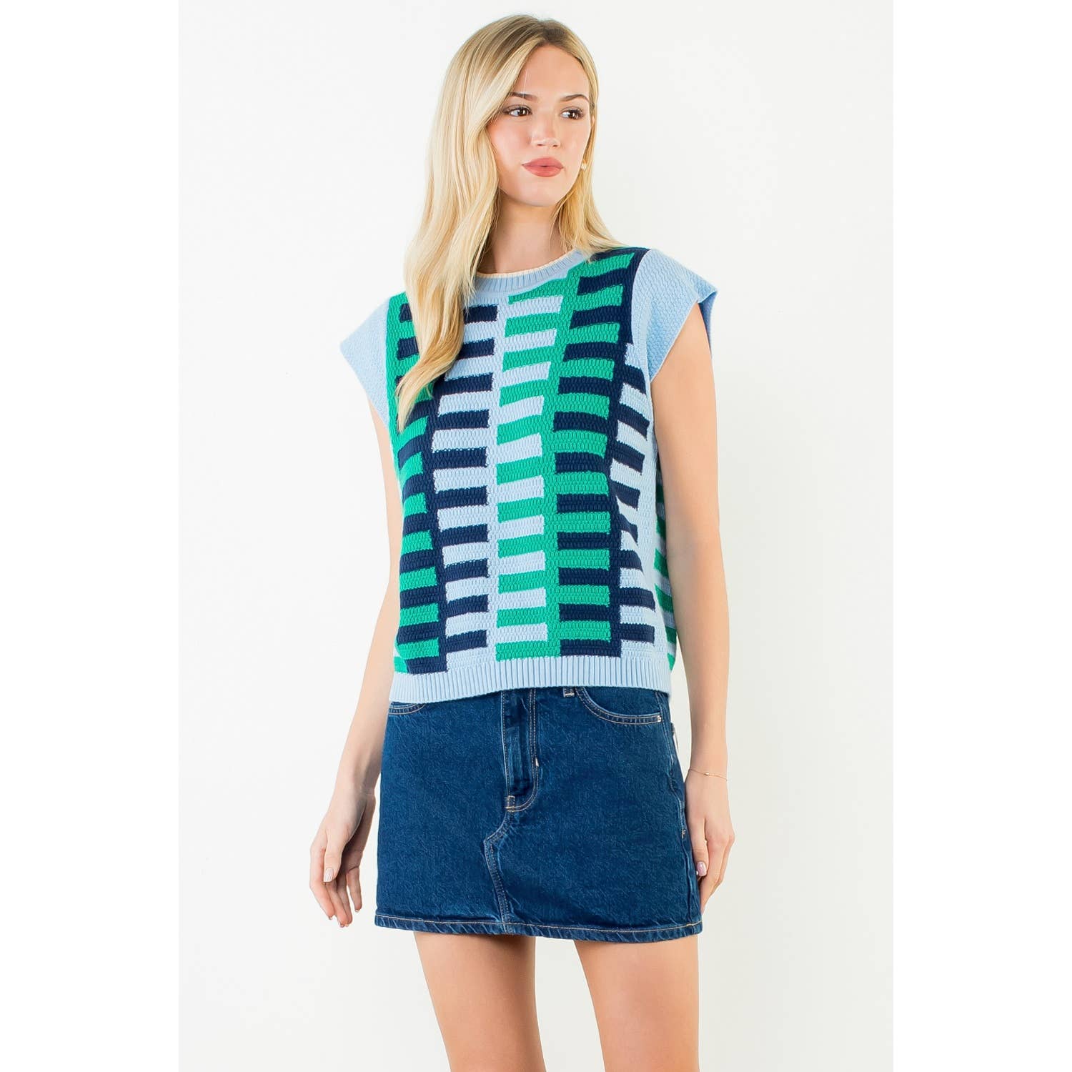 THML Lexi Colorblock Knit Top - Light Blue-Hand In Pocket