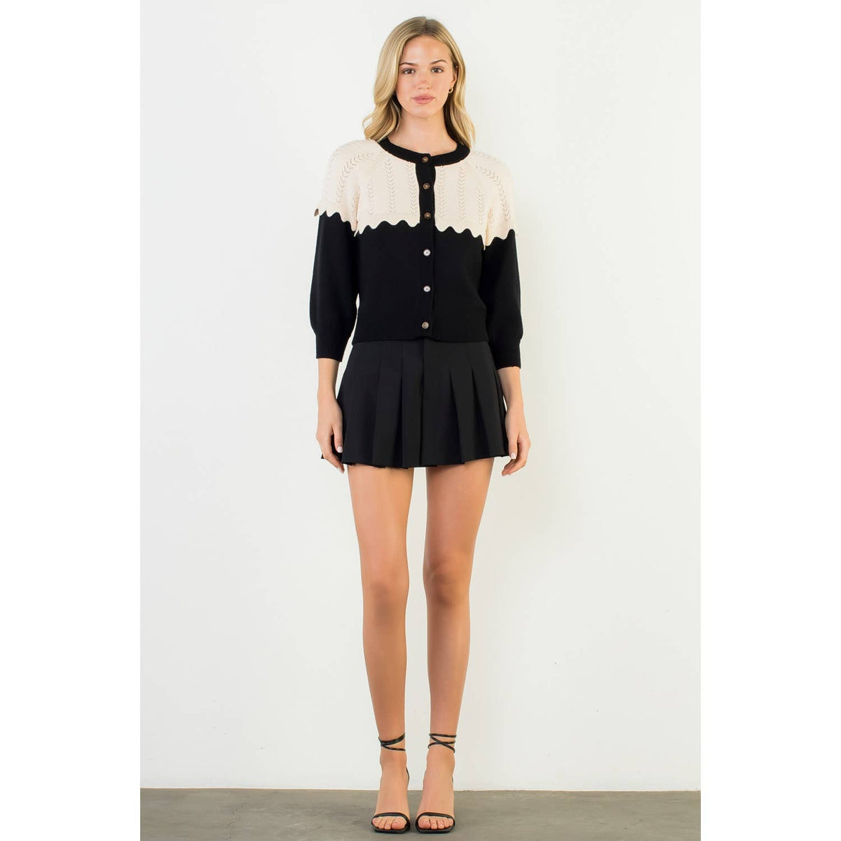Contrast Yoke Scallop Edge Knit Cardigan: BLACK / XS-S-M-L(1-2-2-1)-Hand In Pocket