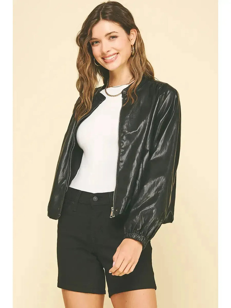Driar Vegan Leather Bomber Jacket-Hand In Pocket