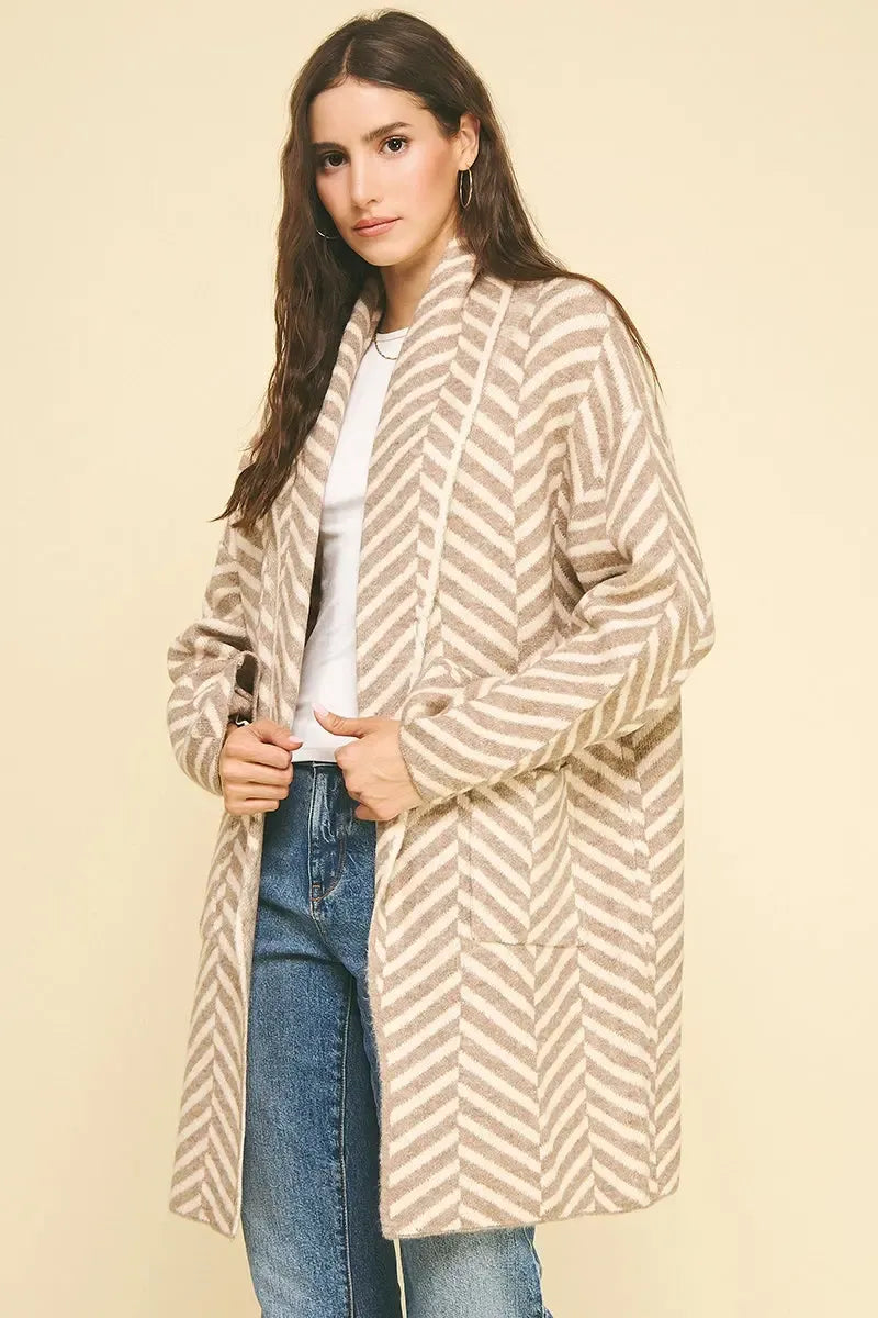 Nilan Diagonal Patterned Open Front Cardigan-Hand In Pocket
