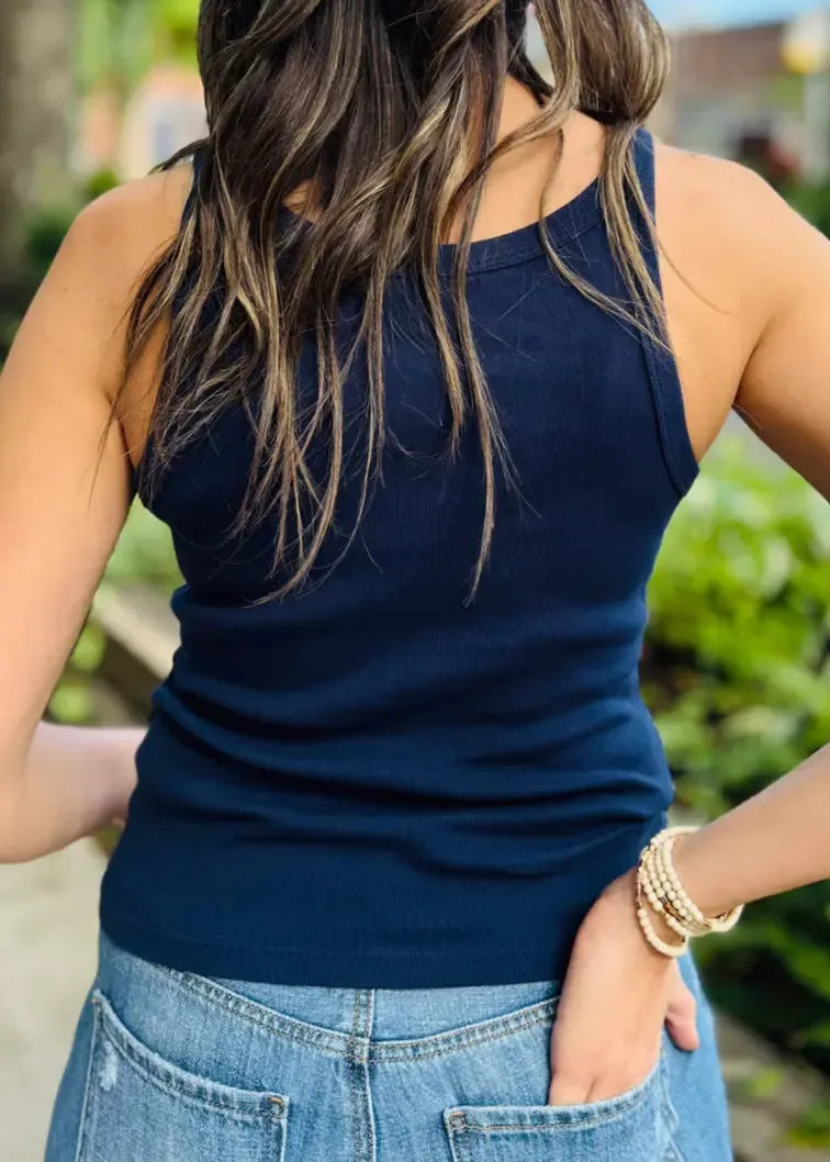 Michael Stars Cassie Thin Banded Tank- Nocturnal-Hand In Pocket