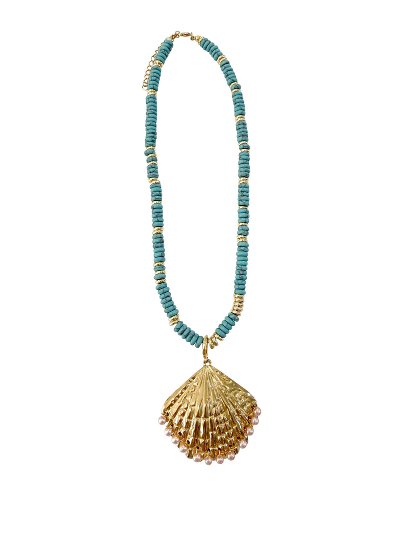 Sunlee Beaded Necklace with Shell Pendant - Turquoise-Hand In Pocket