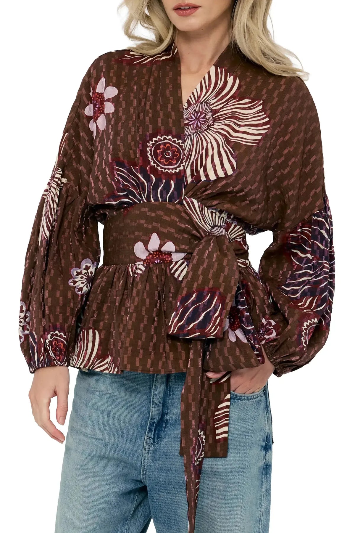 Ciebon Opal Floral Wrap Blouse - Brown Multi-Hand In Pocket