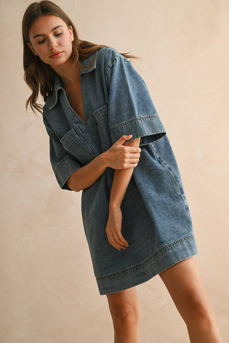 Brentwood V Neck Denim Tunic/Mini Dress-Hand In Pocket