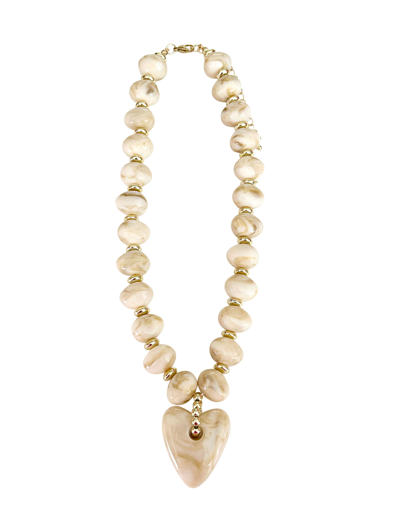 Athens Cream Beaded Necklace with Heart Charm-Hand In Pocket