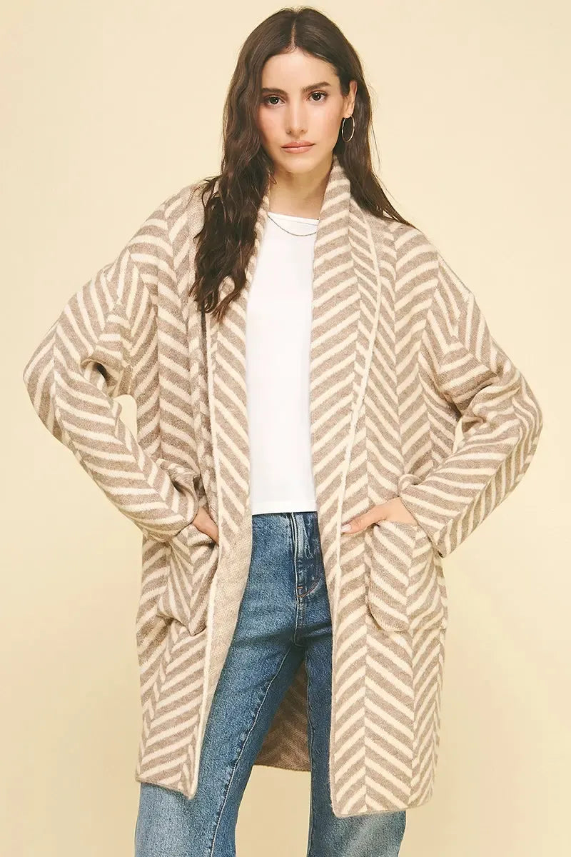 Nilan Diagonal Patterned Open Front Cardigan-Hand In Pocket