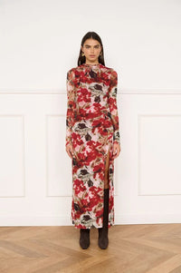 Minkpink Maxime Mesh Midi Dress - Red Blurry Floral