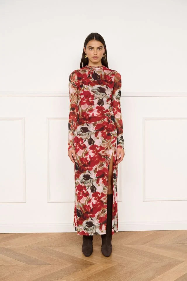 Minkpink Maxime Mesh Midi Dress - Red Blurry Floral