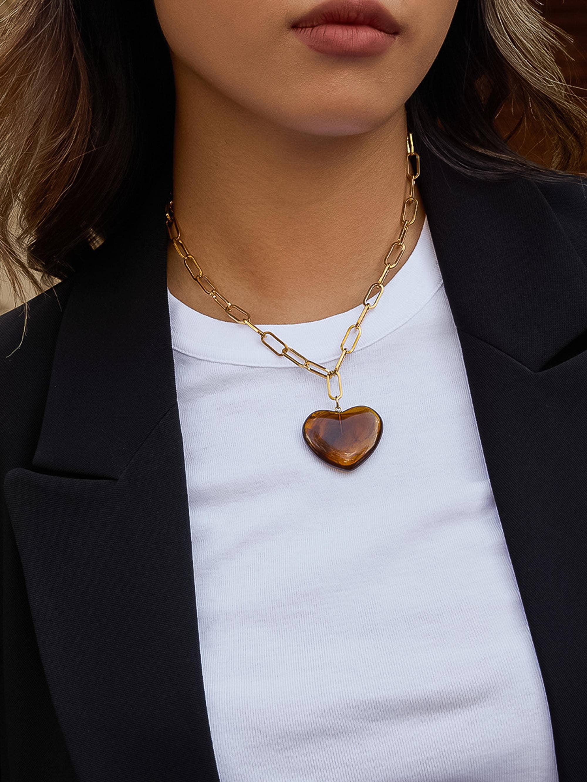 Rouelle 18K Gold Plated Heart Chain Necklace - Brown-Hand In Pocket