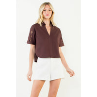 THML Talia V Neck Blouse - Brown-Hand In Pocket