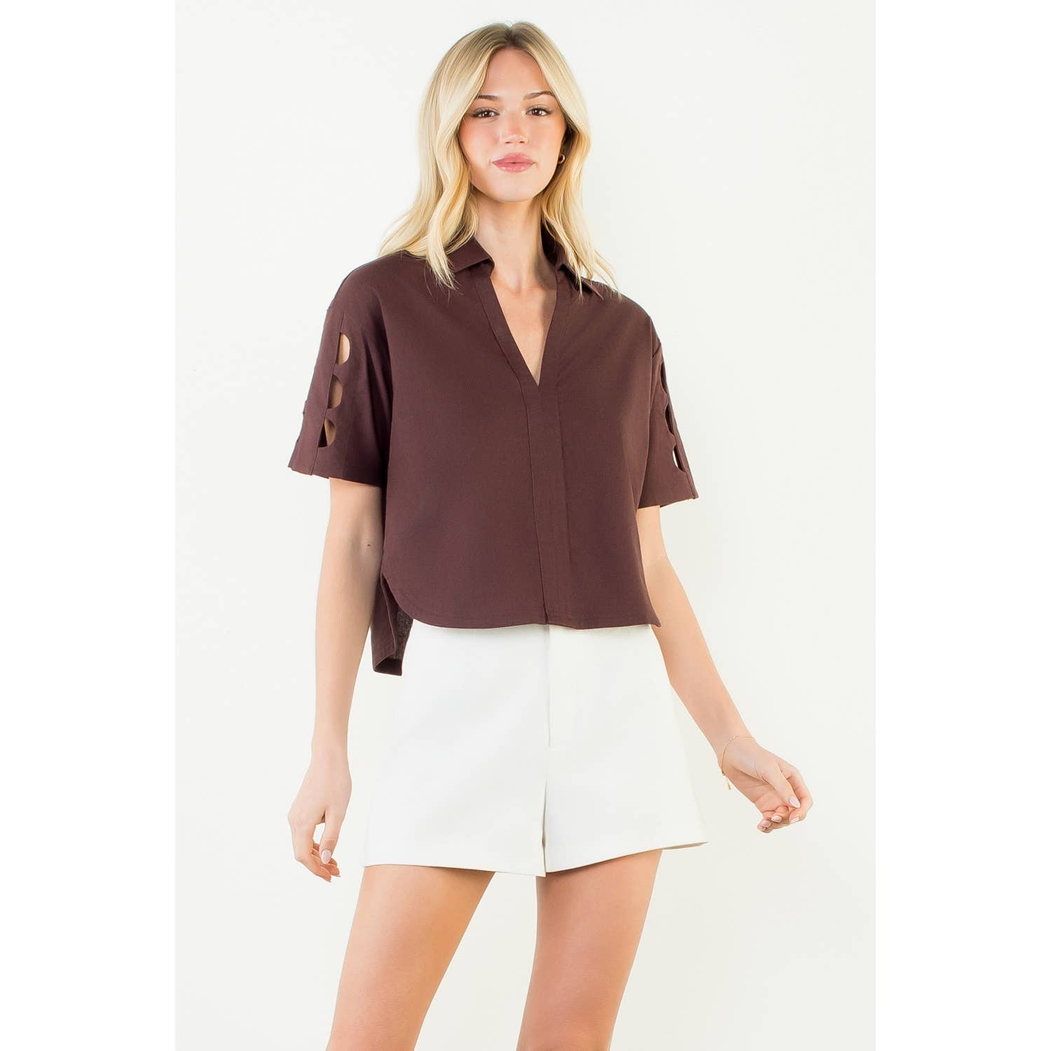 THML Talia V Neck Blouse - Brown-Hand In Pocket