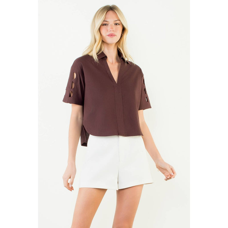 THML Talia V Neck Blouse - Brown-Hand In Pocket