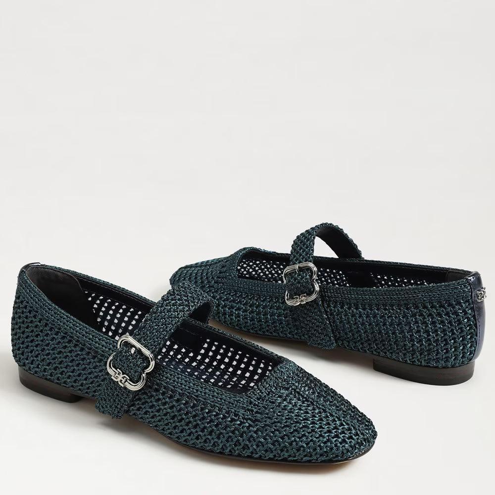 Sam Edelman Michaela Knit Mary Jane Flat- Metallic Navy-Hand In Pocket