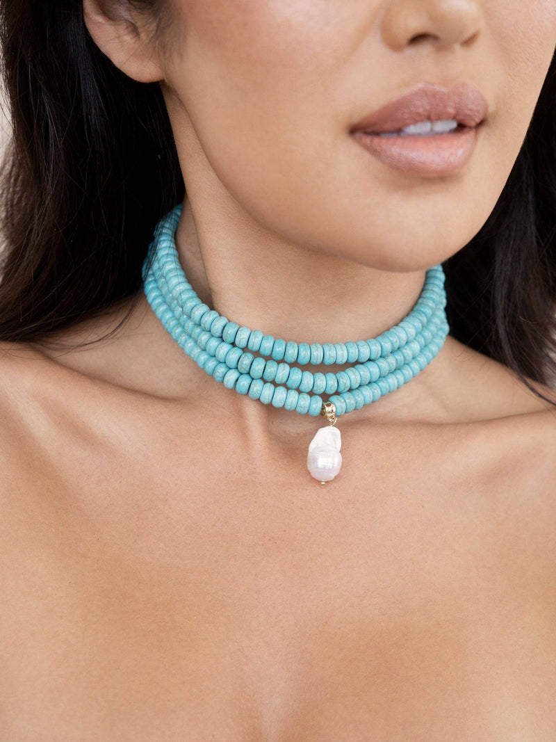 Marina Layers Turquoise Necklace: Turquoise and Freshwater Pearl / One Size-Hand In Pocket