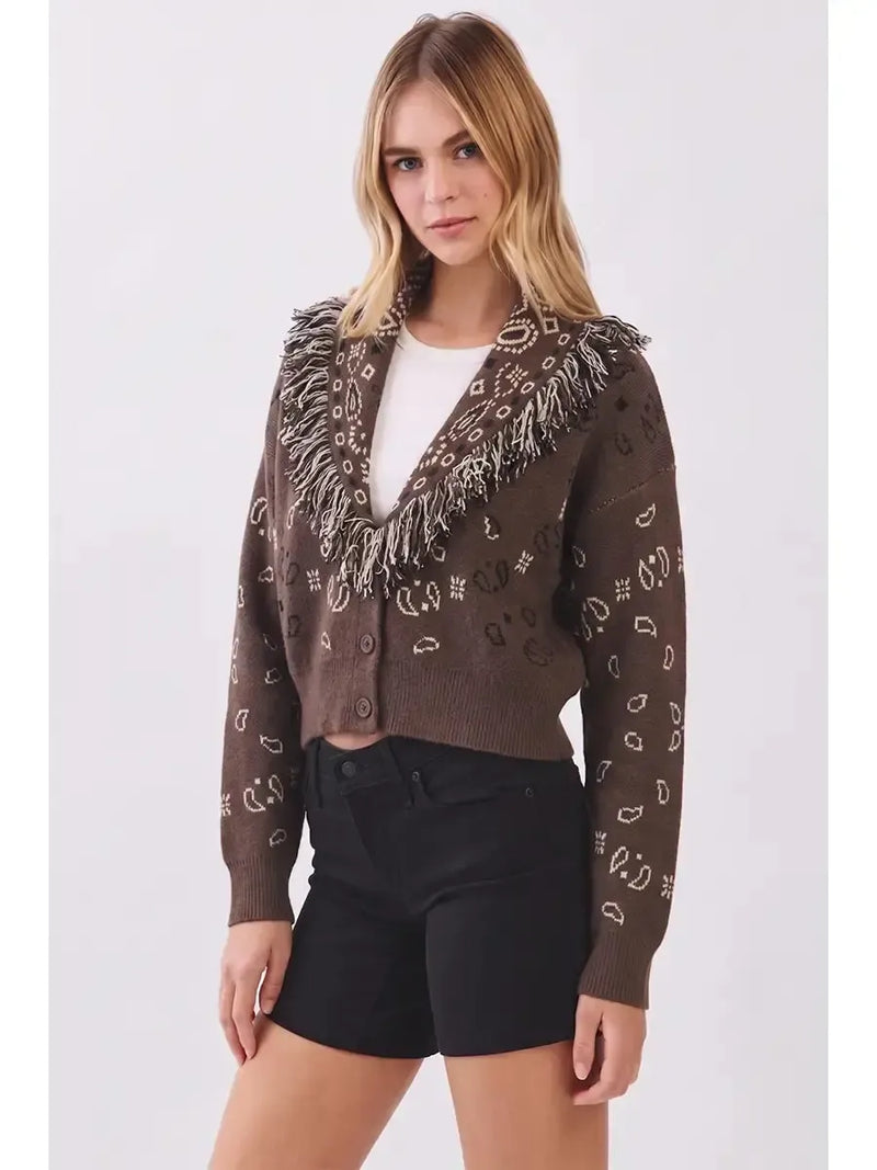 Adrianna Cropped Fringed Cardigan - Espresso-Hand In Pocket