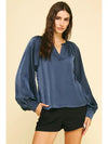 Kara V Neck Balloon Sleeve Blouse- Navy