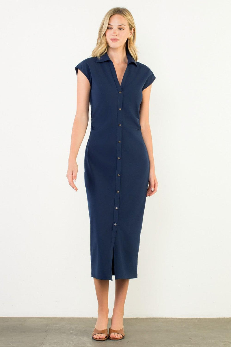 THML Leena Ruched Dress - Navy-Hand In Pocket