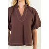 THML Jaylin Contrast Stitch Top- Brown-Hand In Pocket