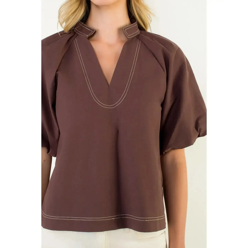 THML Jaylin Contrast Stitch Top- Brown-Hand In Pocket