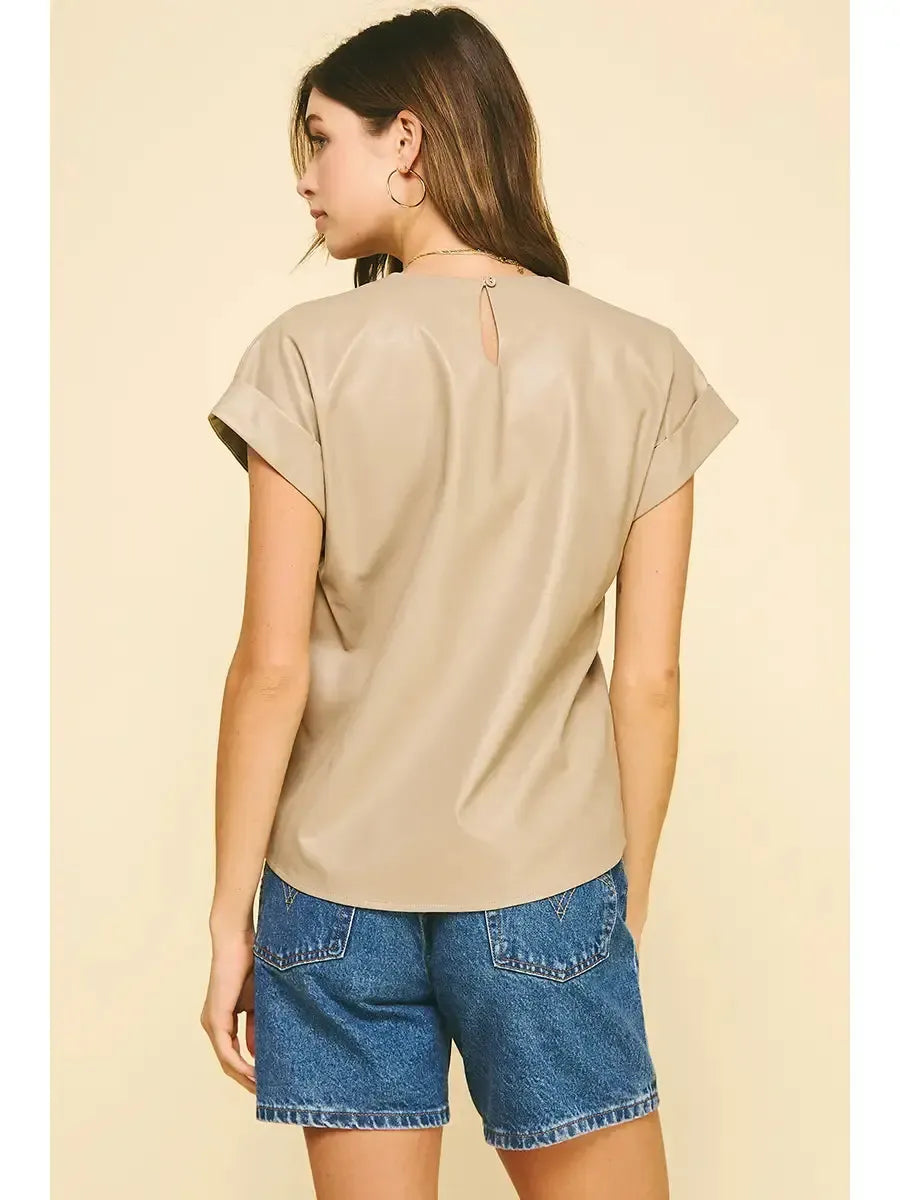 Sabrina Faux Leather Cap Sleeve Top- Taupe-Hand In Pocket