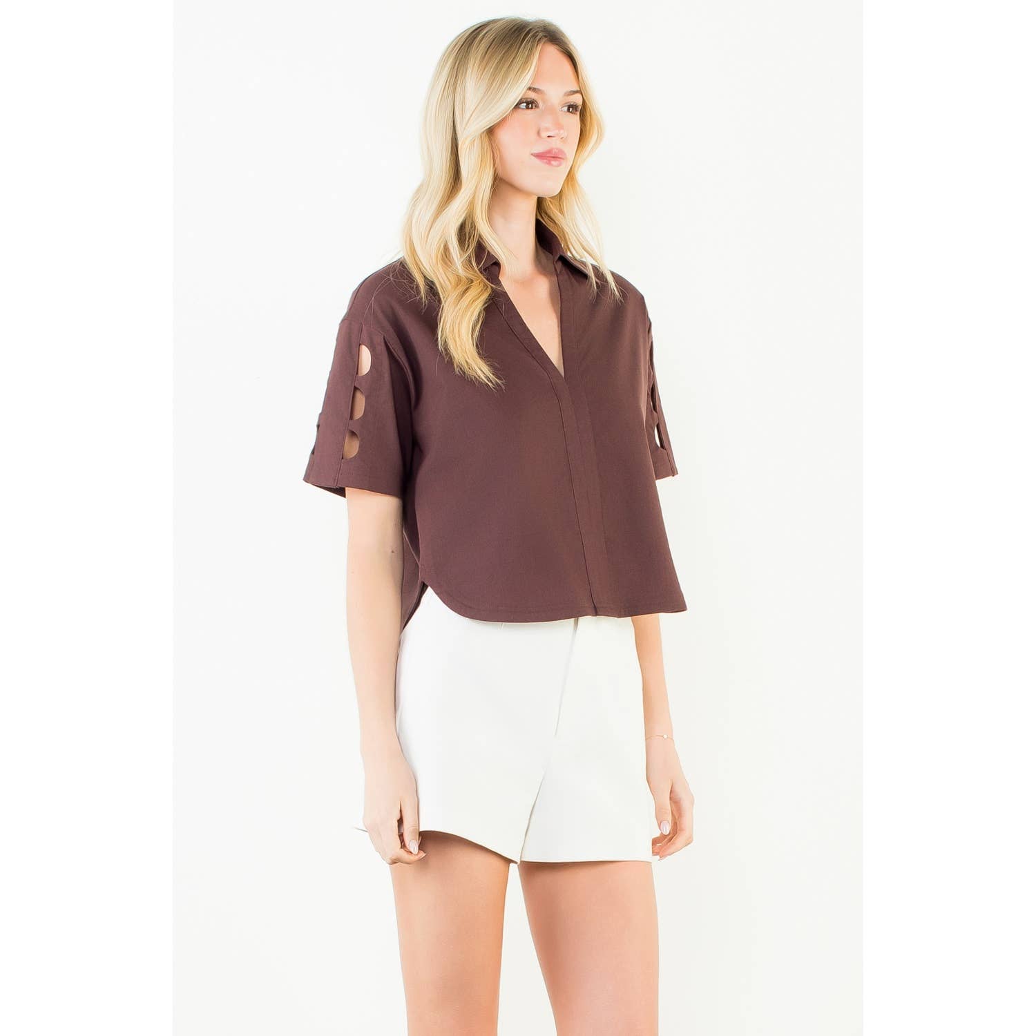 THML Talia V Neck Blouse - Brown-Hand In Pocket