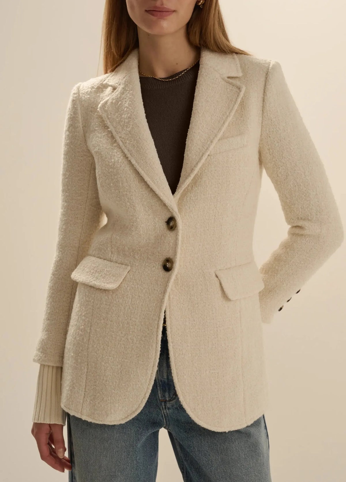 Favorite Daughter The City Blazer - White Boucle-Hand In Pocket