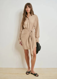 Favorite Daughter The Sweet Talker Dress - Desert Khaki Pinstripe-Hand In Pocket