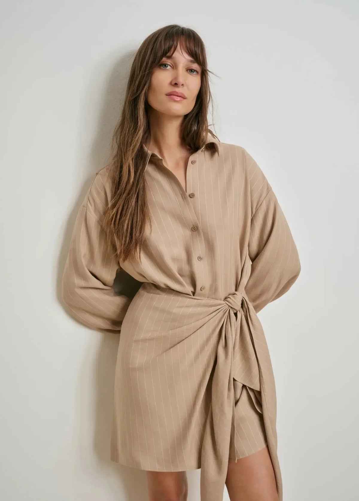 Favorite Daughter The Sweet Talker Dress - Desert Khaki Pinstripe-Hand In Pocket
