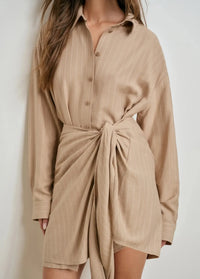 Favorite Daughter The Sweet Talker Dress - Desert Khaki Pinstripe-Hand In Pocket