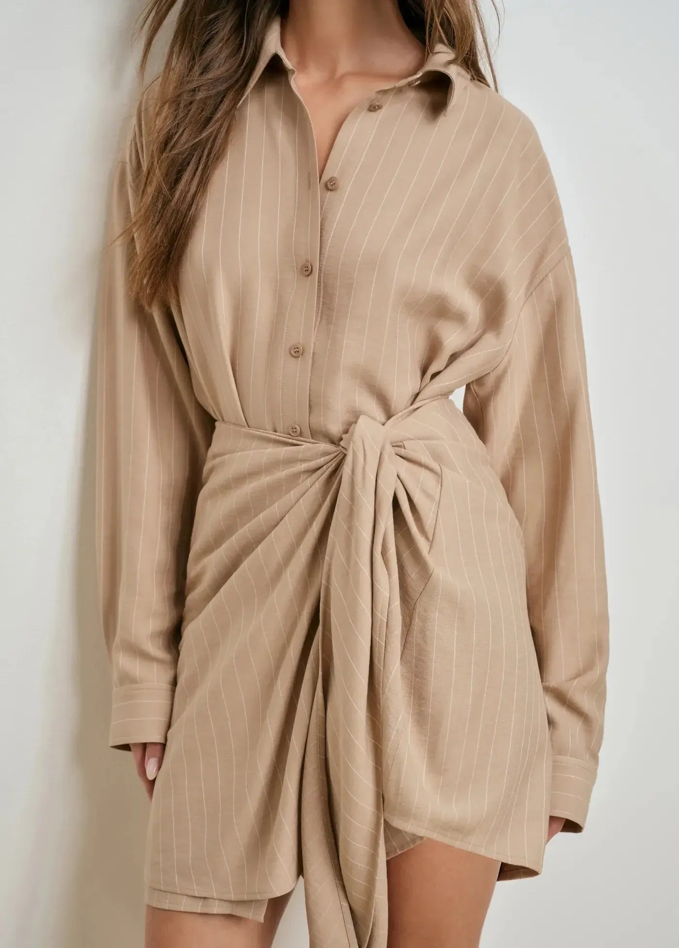 Favorite Daughter The Sweet Talker Dress - Desert Khaki Pinstripe-Hand In Pocket