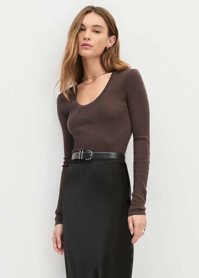 Favorite Daughter Take It Easy LS Top - Coffee-Hand In Pocket