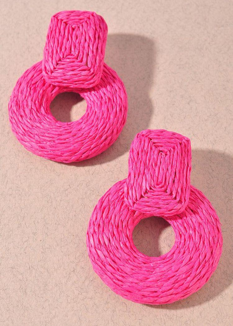Manzillo Rattan Earrings-Fuschia-Hand In Pocket