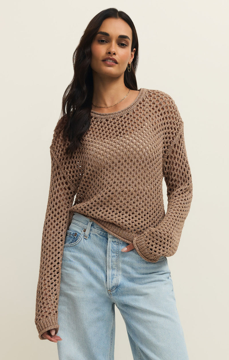 Z Supply Cala Crochet Sweater- Campfire-Hand In Pocket