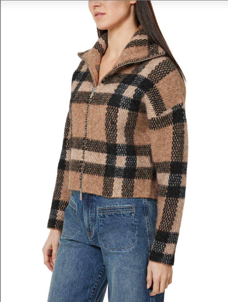 Habitual Plaid Zip Front Cardigan- Brown-Hand In Pocket