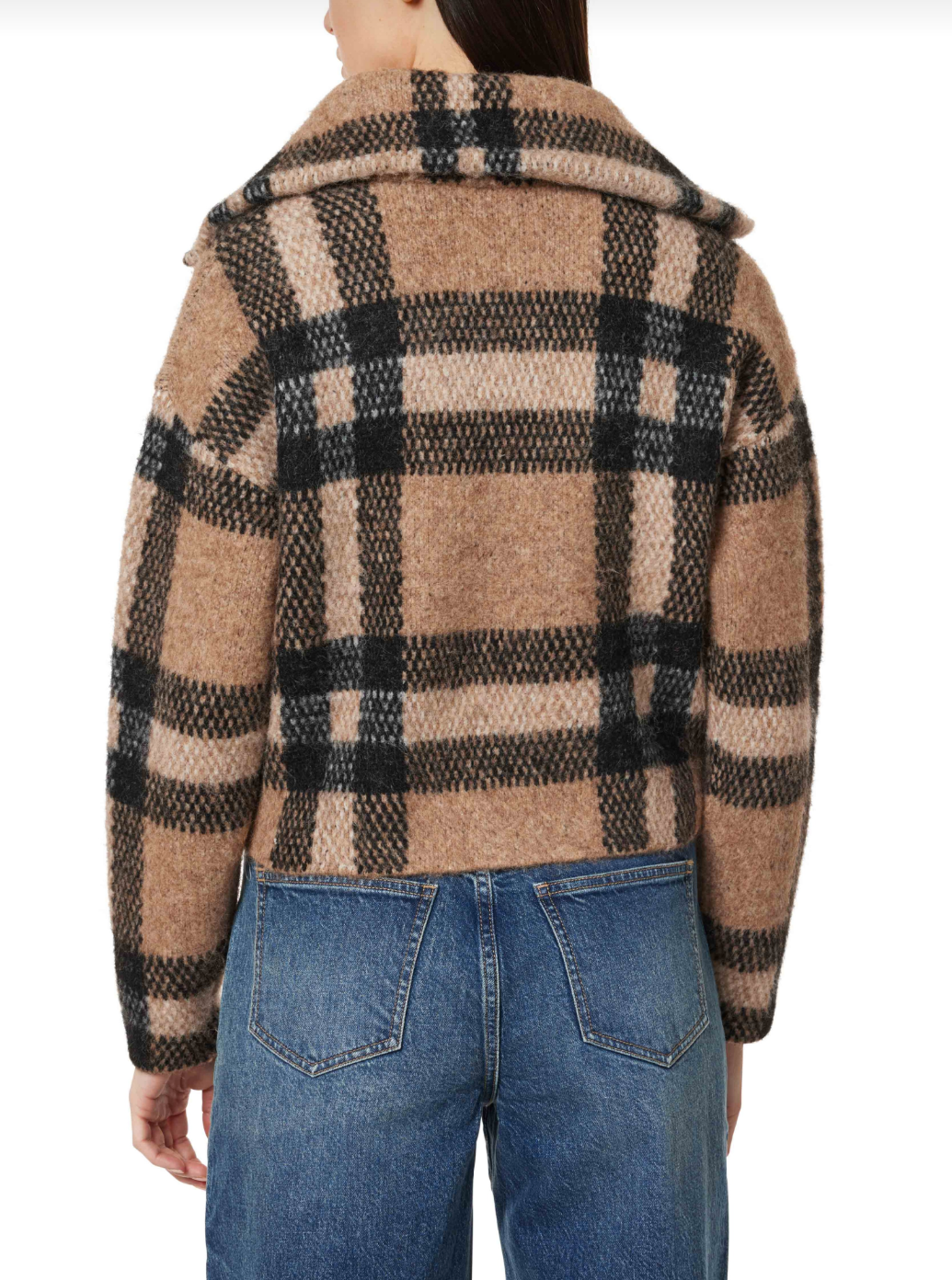 Habitual Plaid Zip Front Cardigan- Brown-Hand In Pocket