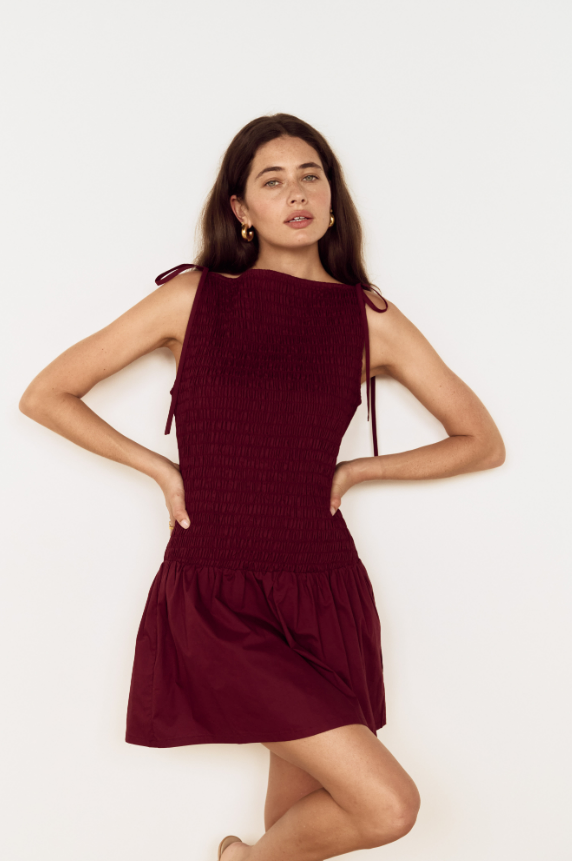 MINKPINK Lola Shirred Mini Dress - Wine-Hand In Pocket