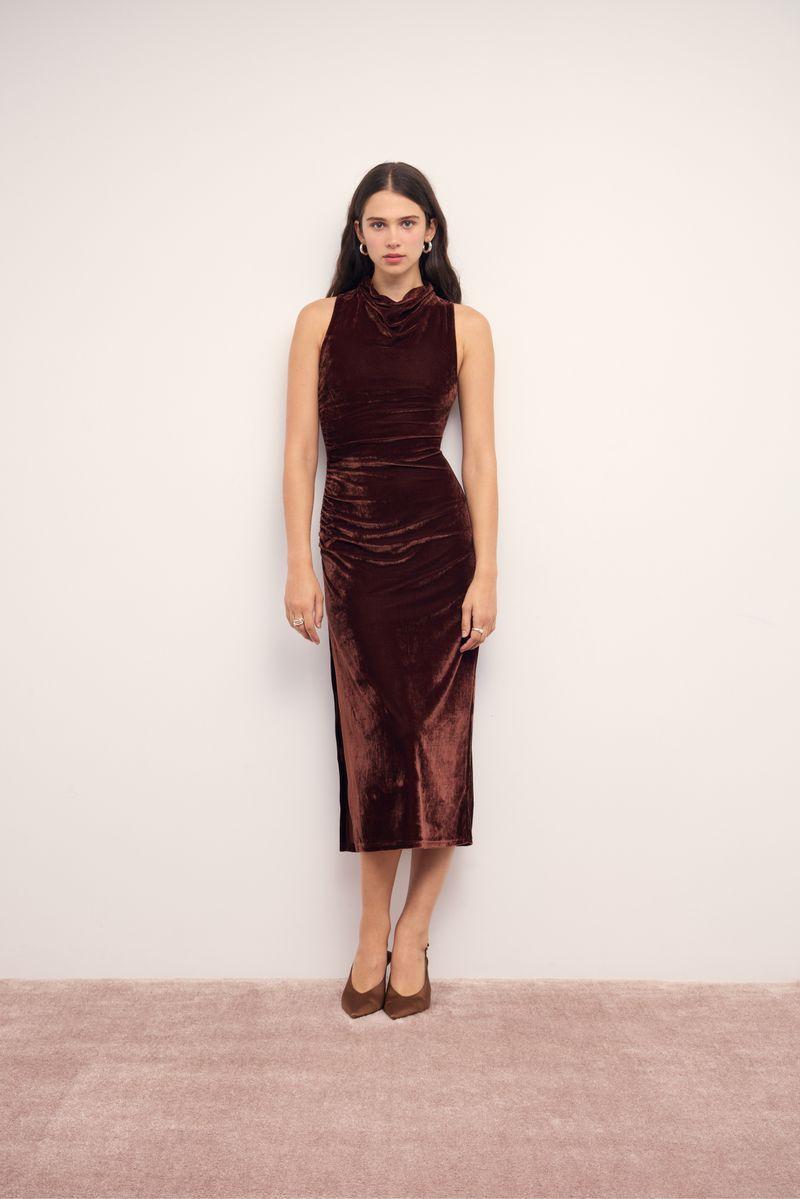 MINKPINK Sonja Velvet Midi Dress - Chocolate-Hand In Pocket
